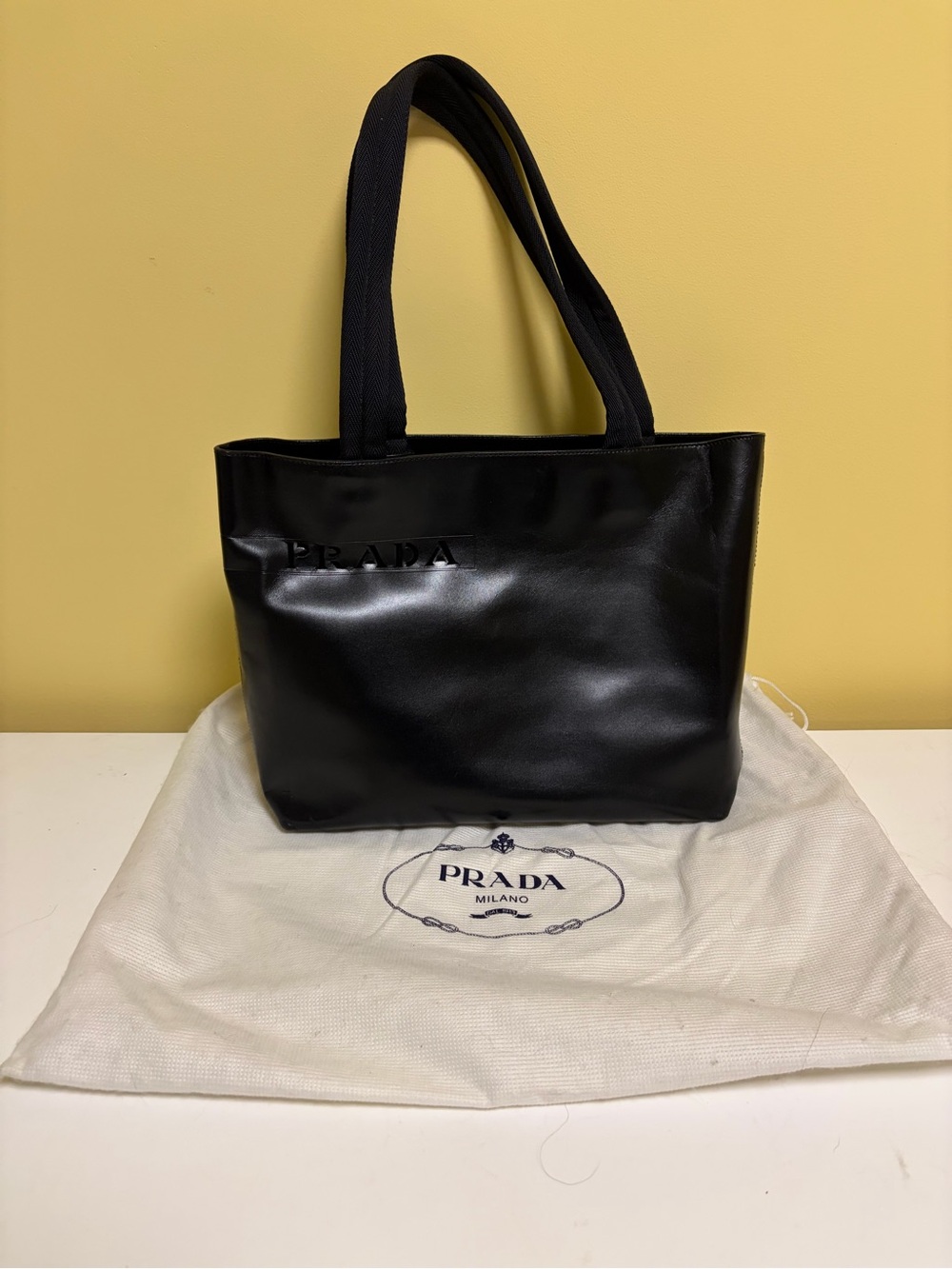 Prada Black Leather Tote with Fabric Straps
